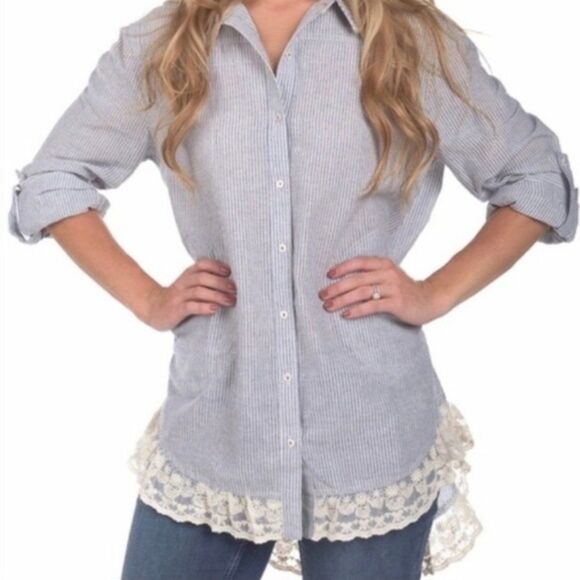 Umgee Long Striped Button Down Shirt Lace Trim M - Picture 1 of 16